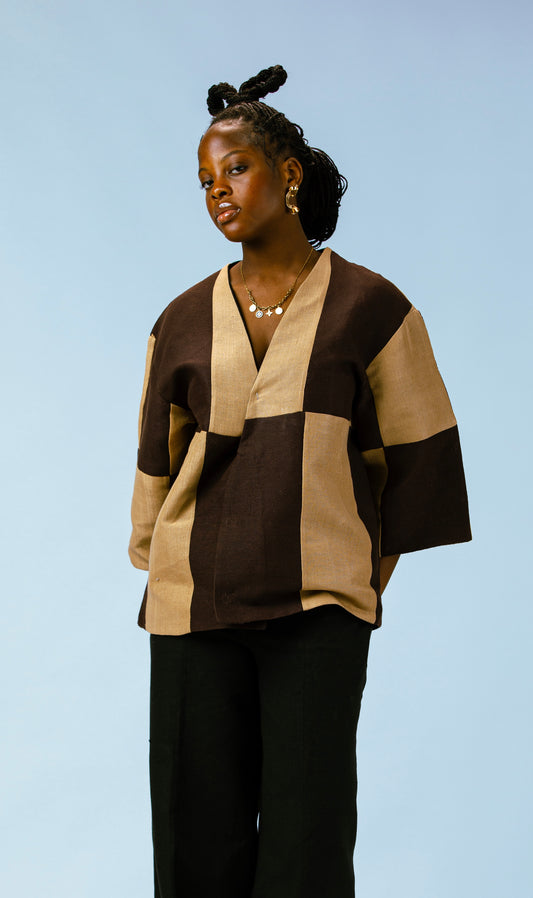 Beige check kimono jacket